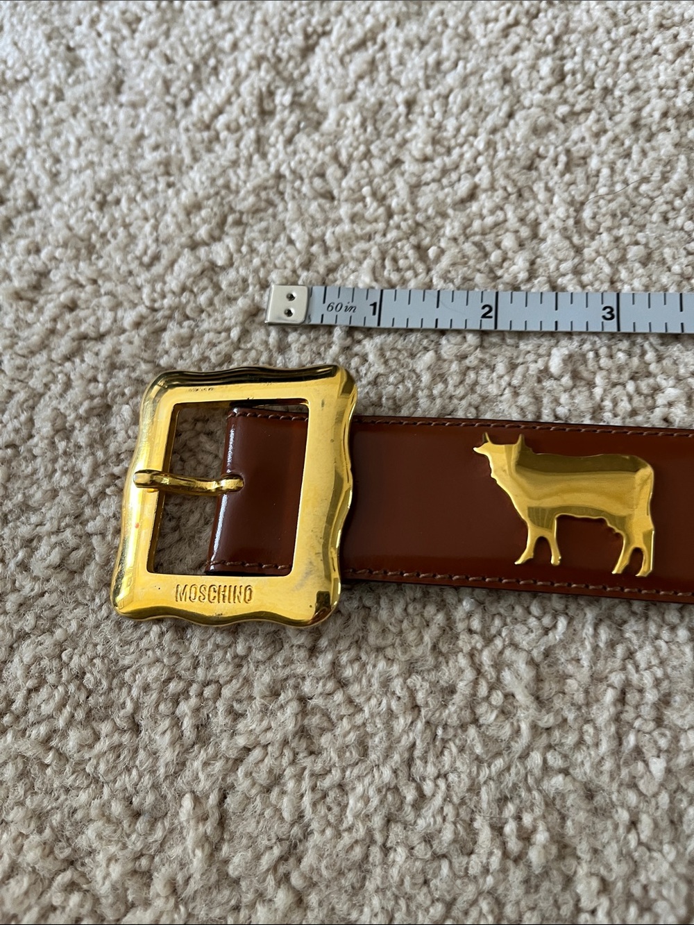 Moschino Brown Leather Belt with Gold Cow Emblem and Statement Buckle